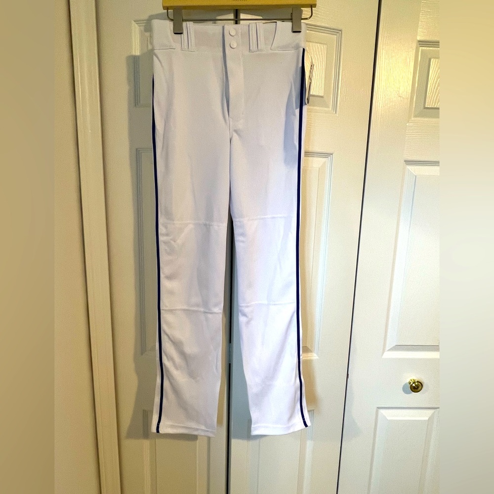 White baseball pants, Youth L, new NWT, with blue stripe